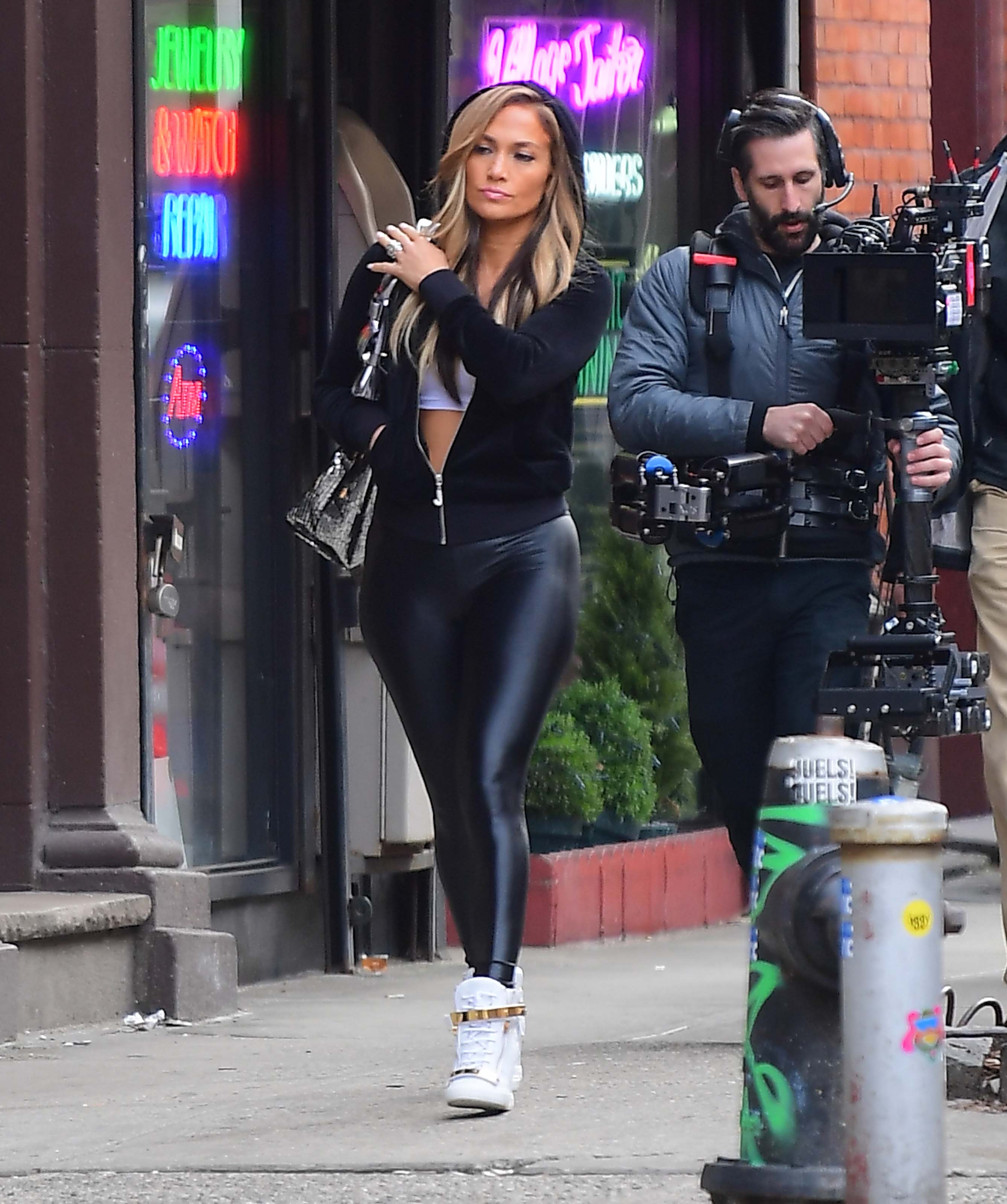 Jennifer Lopez on set as a part of her role in Hustlers