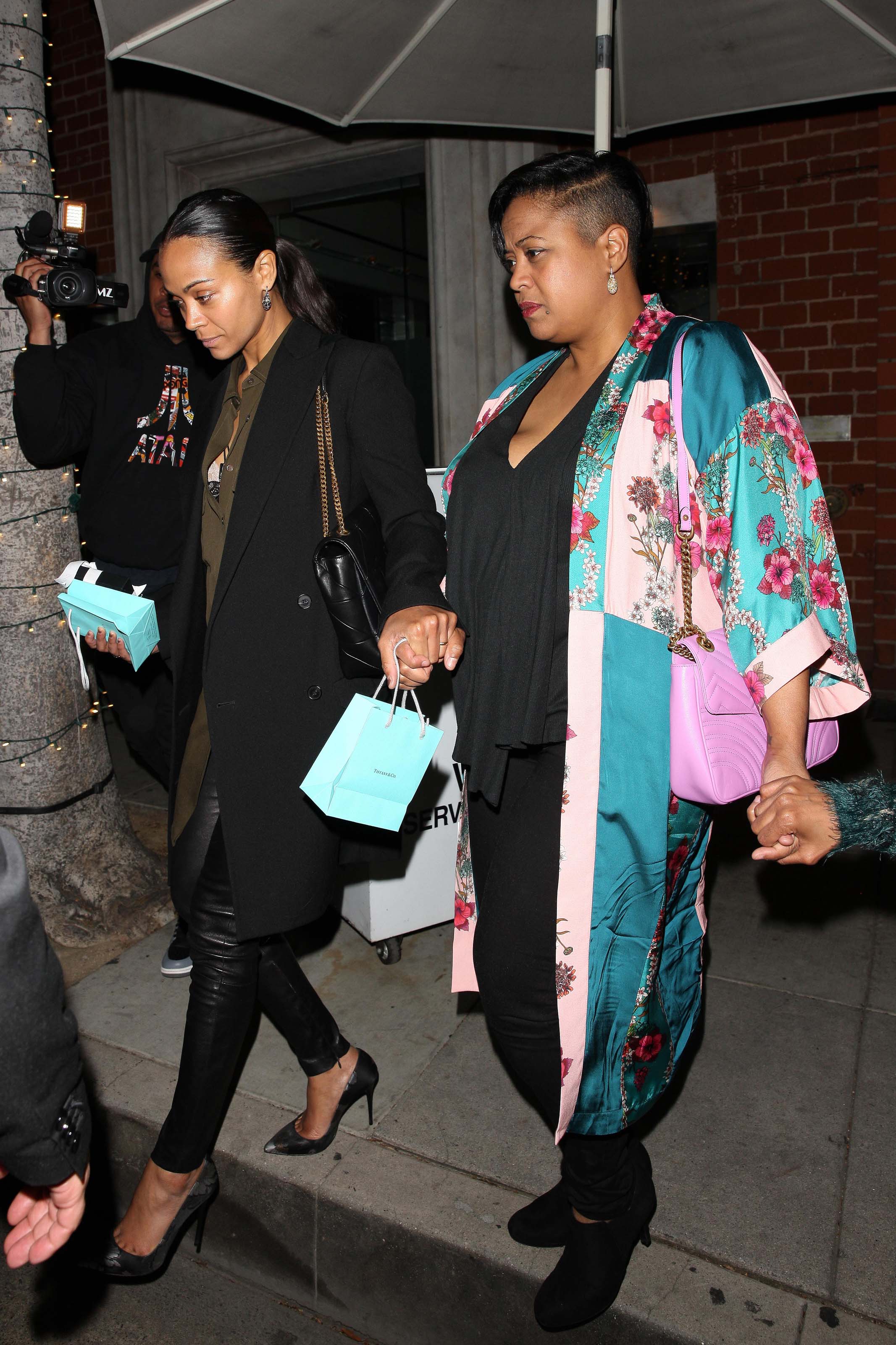 Zoe Saldana is seen leaving Mr Chow restaurant