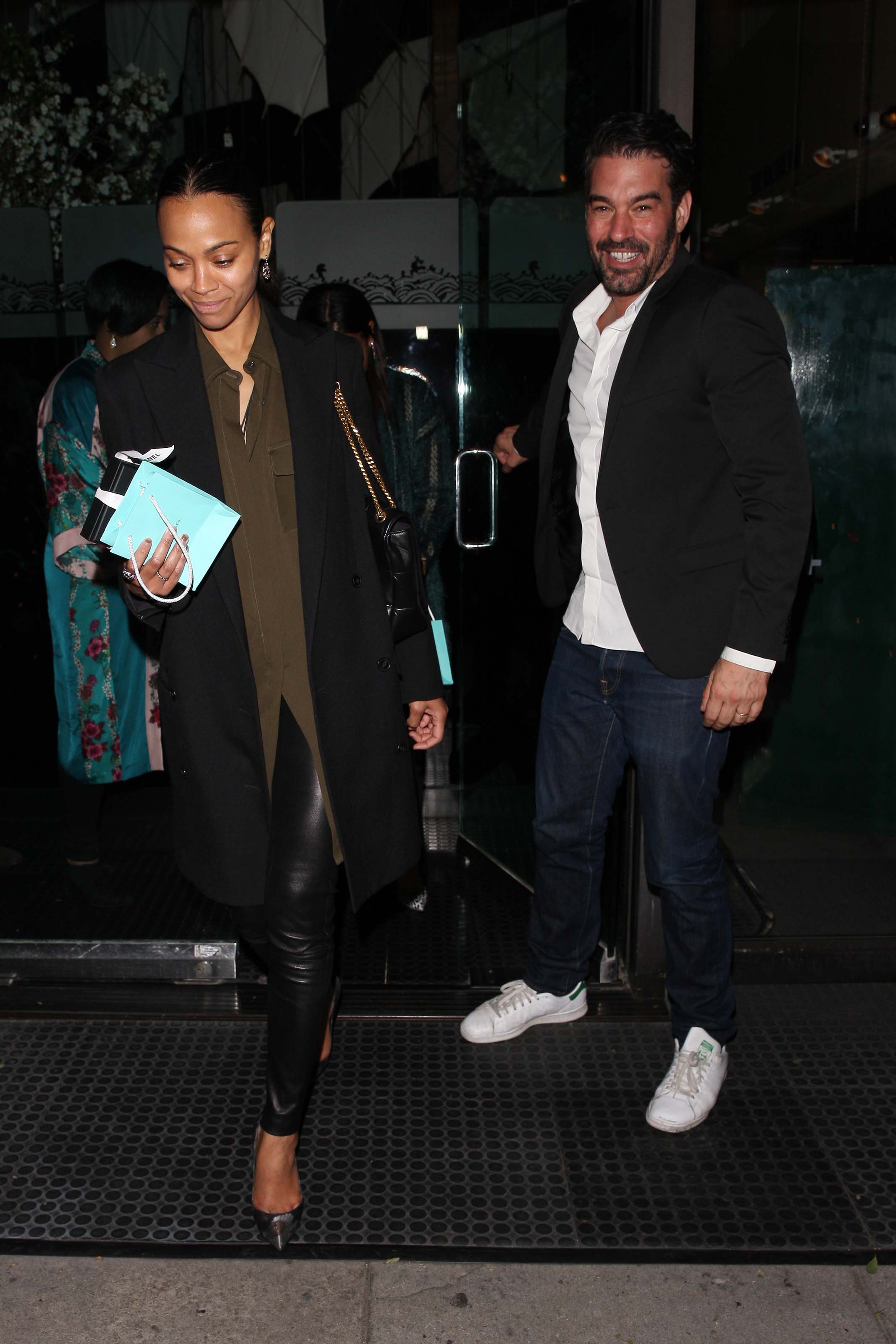 Zoe Saldana is seen leaving Mr Chow restaurant