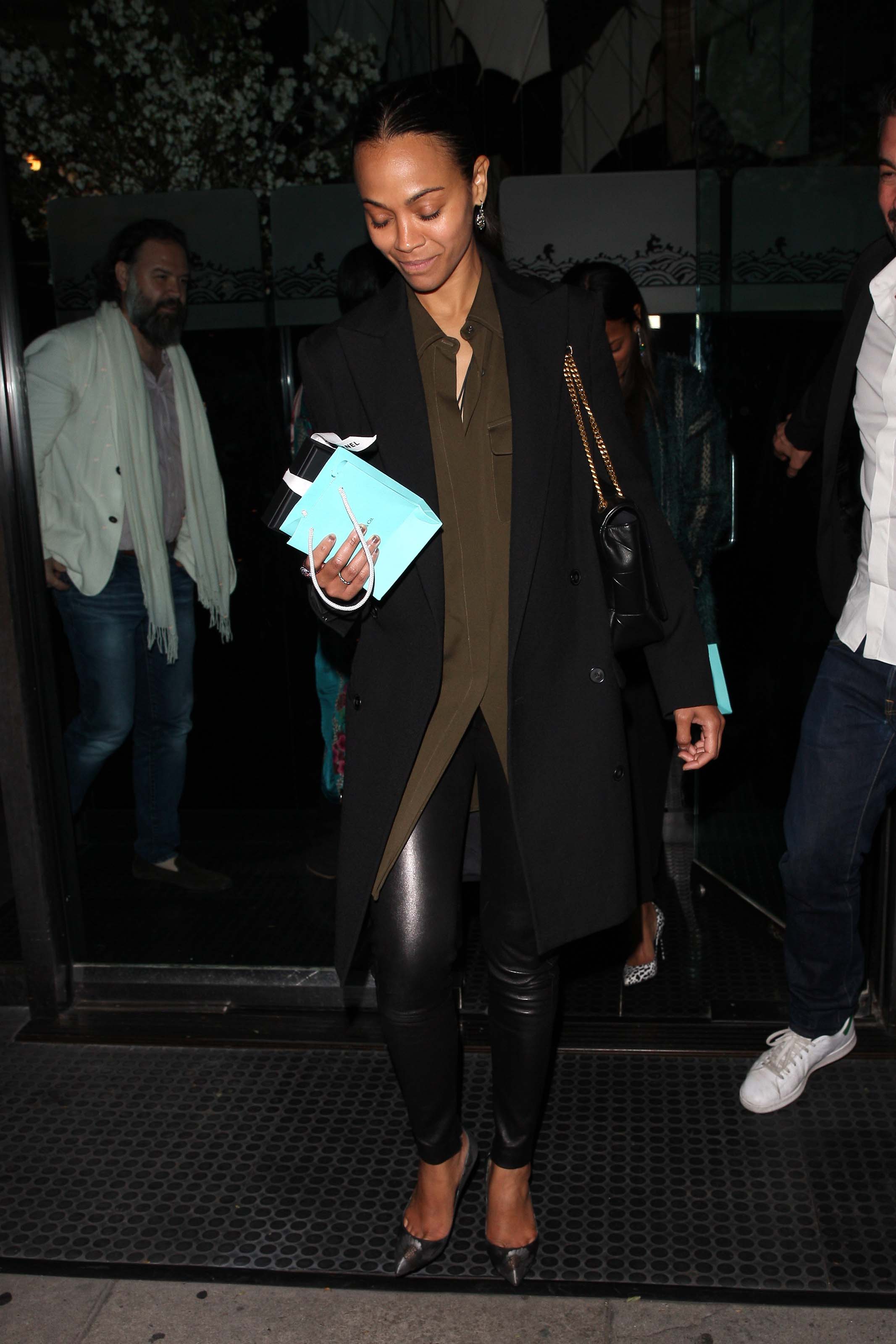 Zoe Saldana is seen leaving Mr Chow restaurant