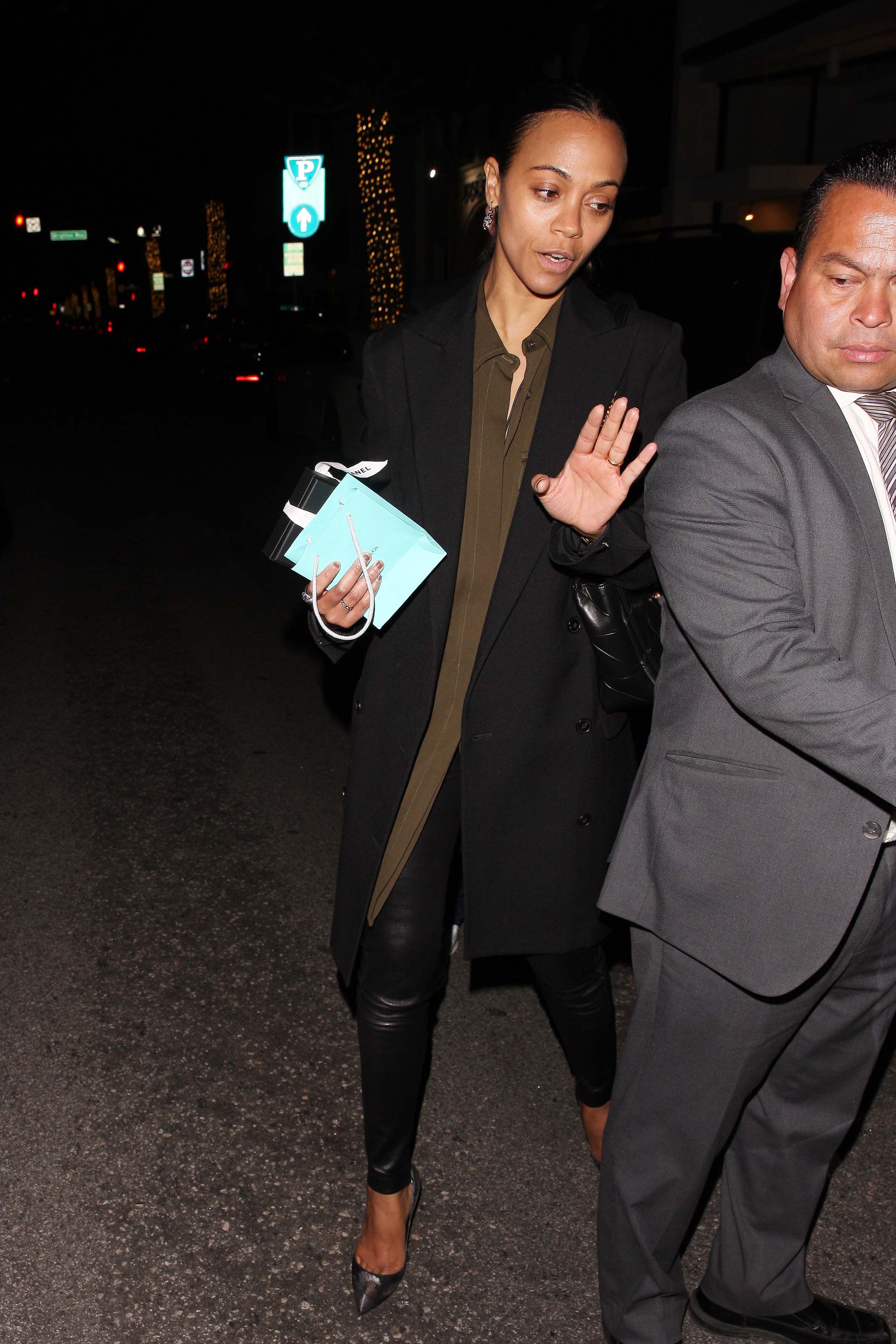 Zoe Saldana is seen leaving Mr Chow restaurant