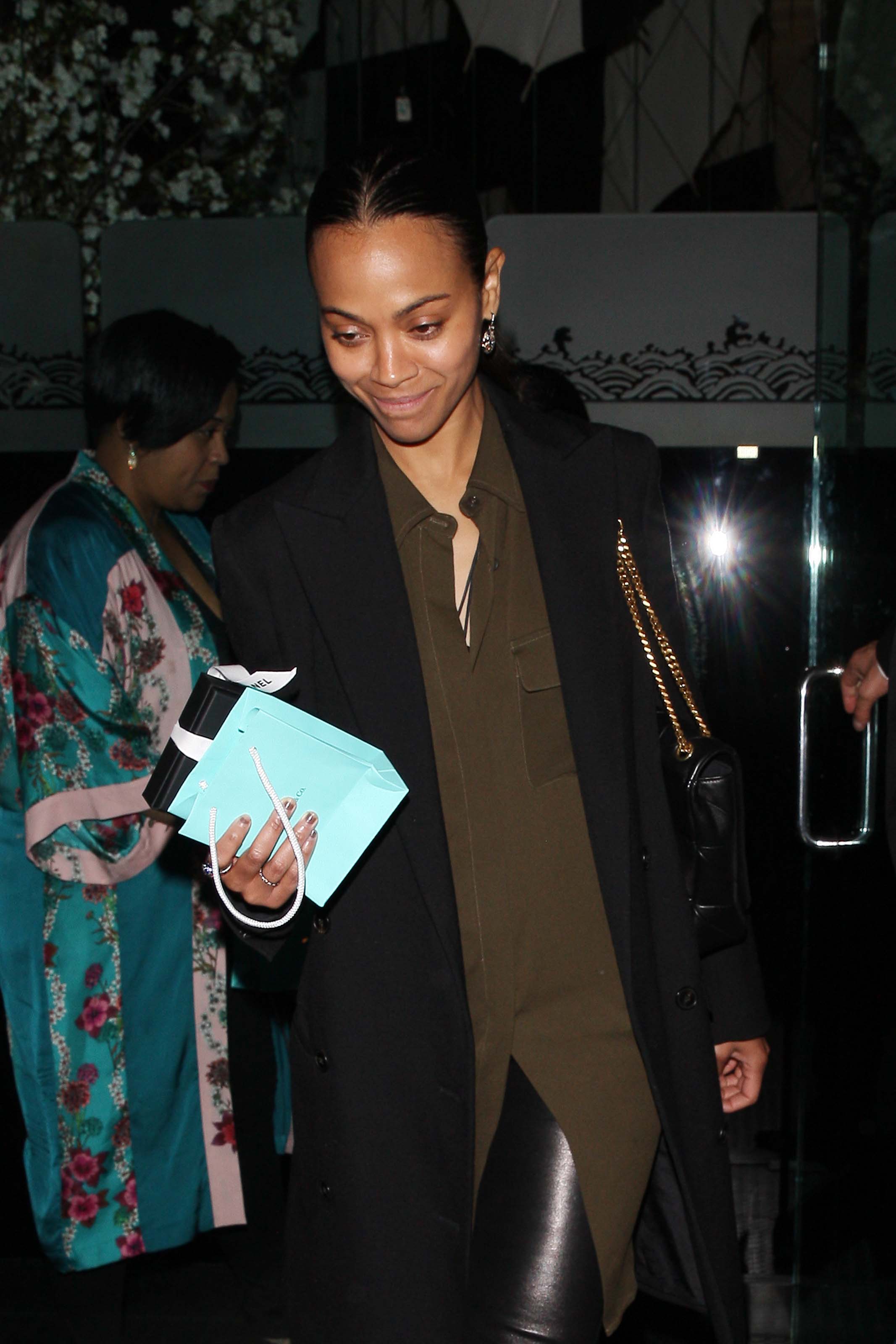 Zoe Saldana is seen leaving Mr Chow restaurant