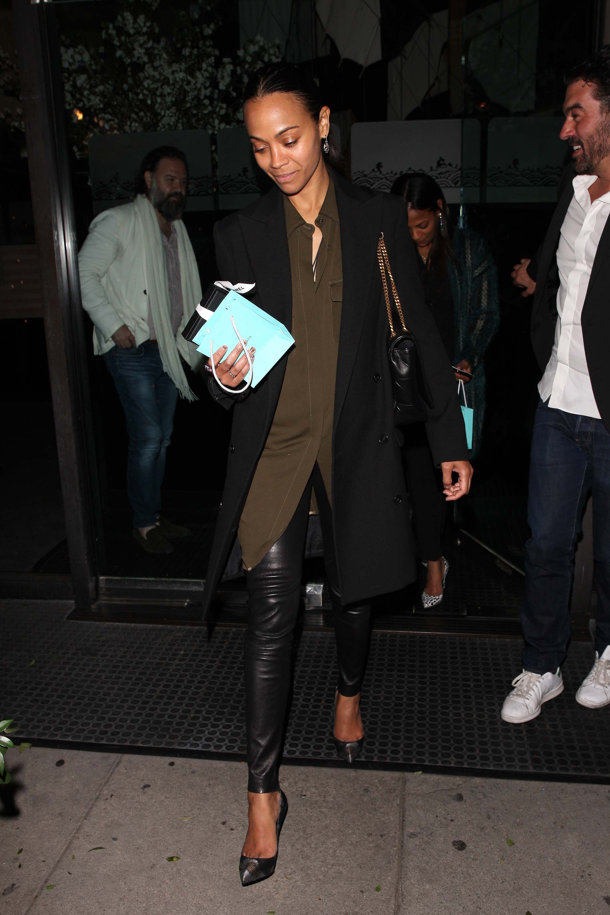 Zoe Saldana is seen leaving Mr Chow restaurant