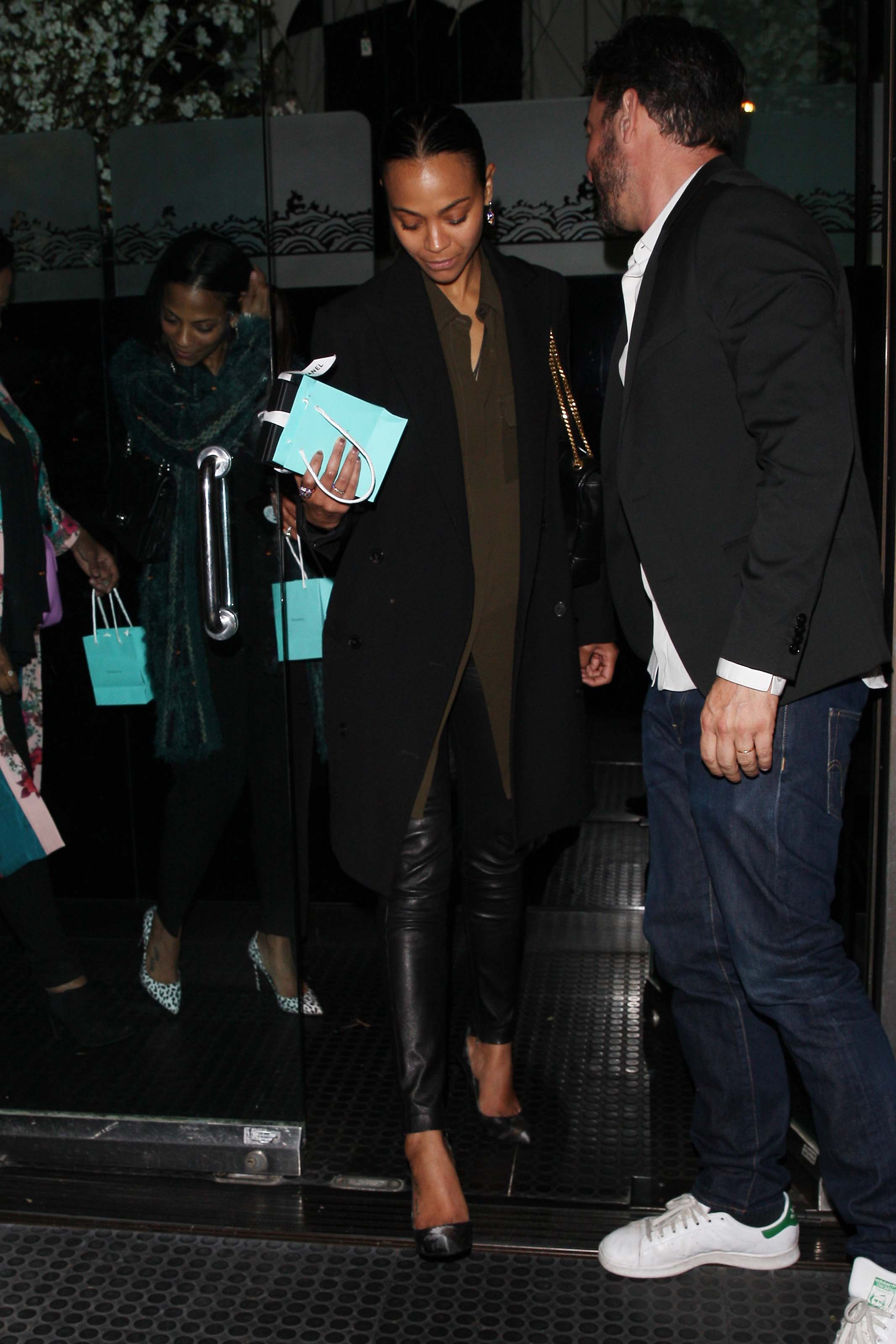 Zoe Saldana is seen leaving Mr Chow restaurant