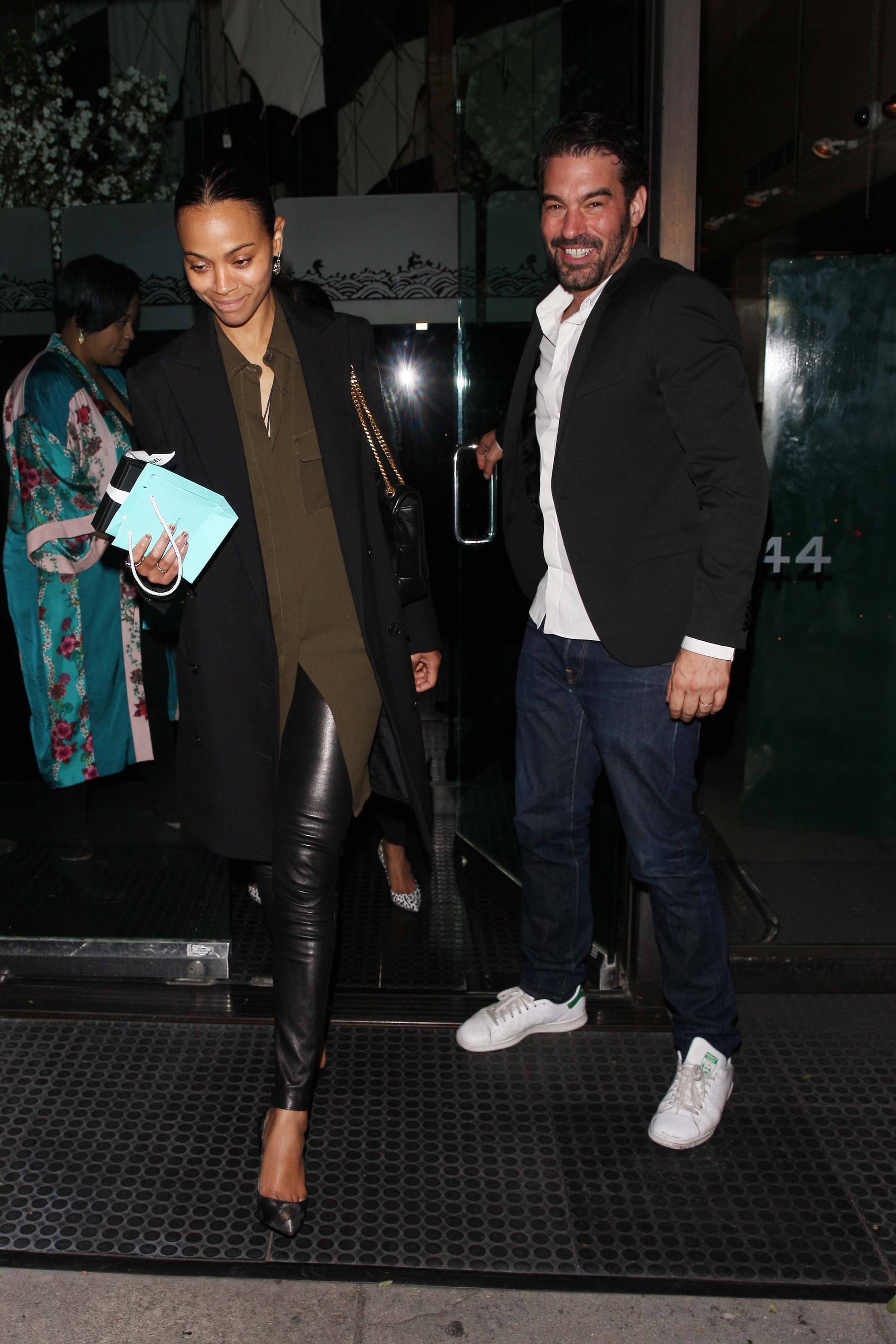 Zoe Saldana is seen leaving Mr Chow restaurant