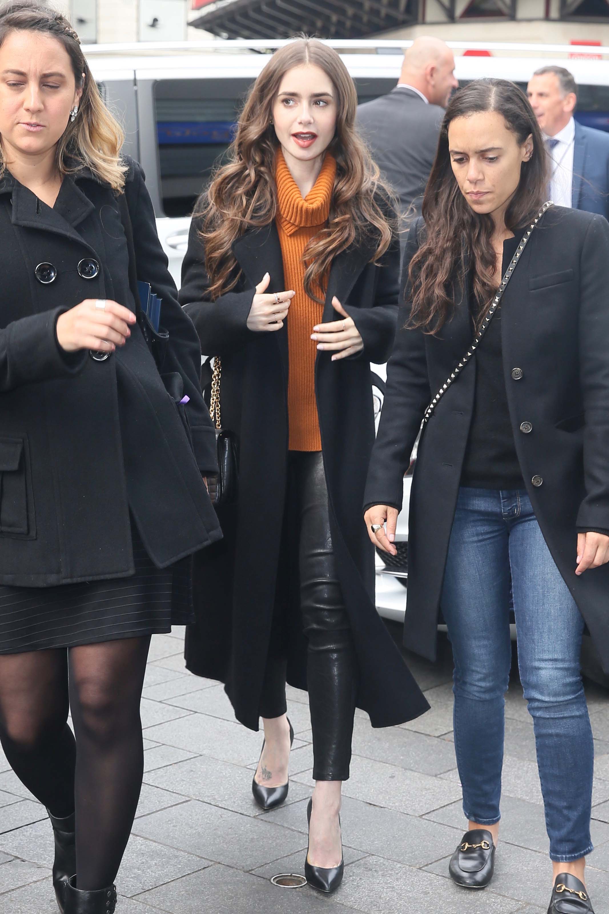 Lily Collins seen arriving at Global studios for radio interviews in London, 04/29/2019