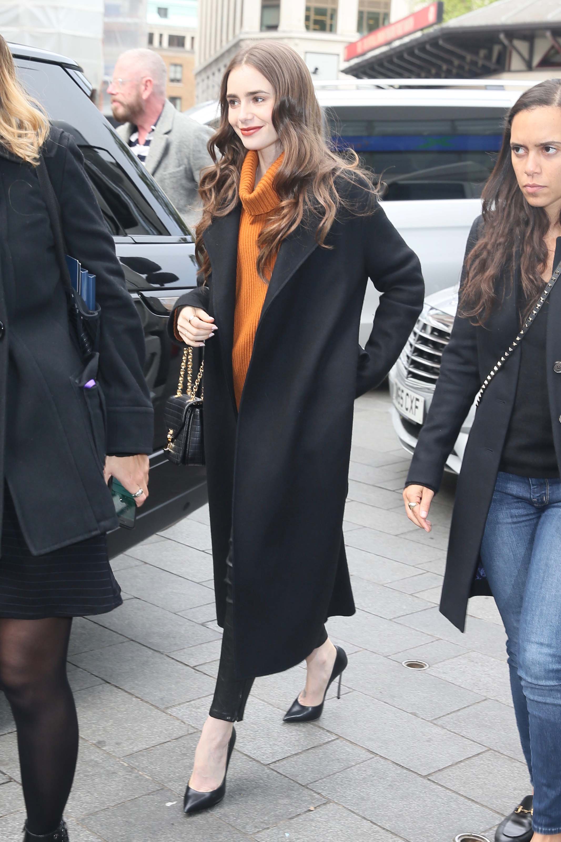 Lily Collins seen arriving at Global studios for radio interviews in London, 04/29/2019