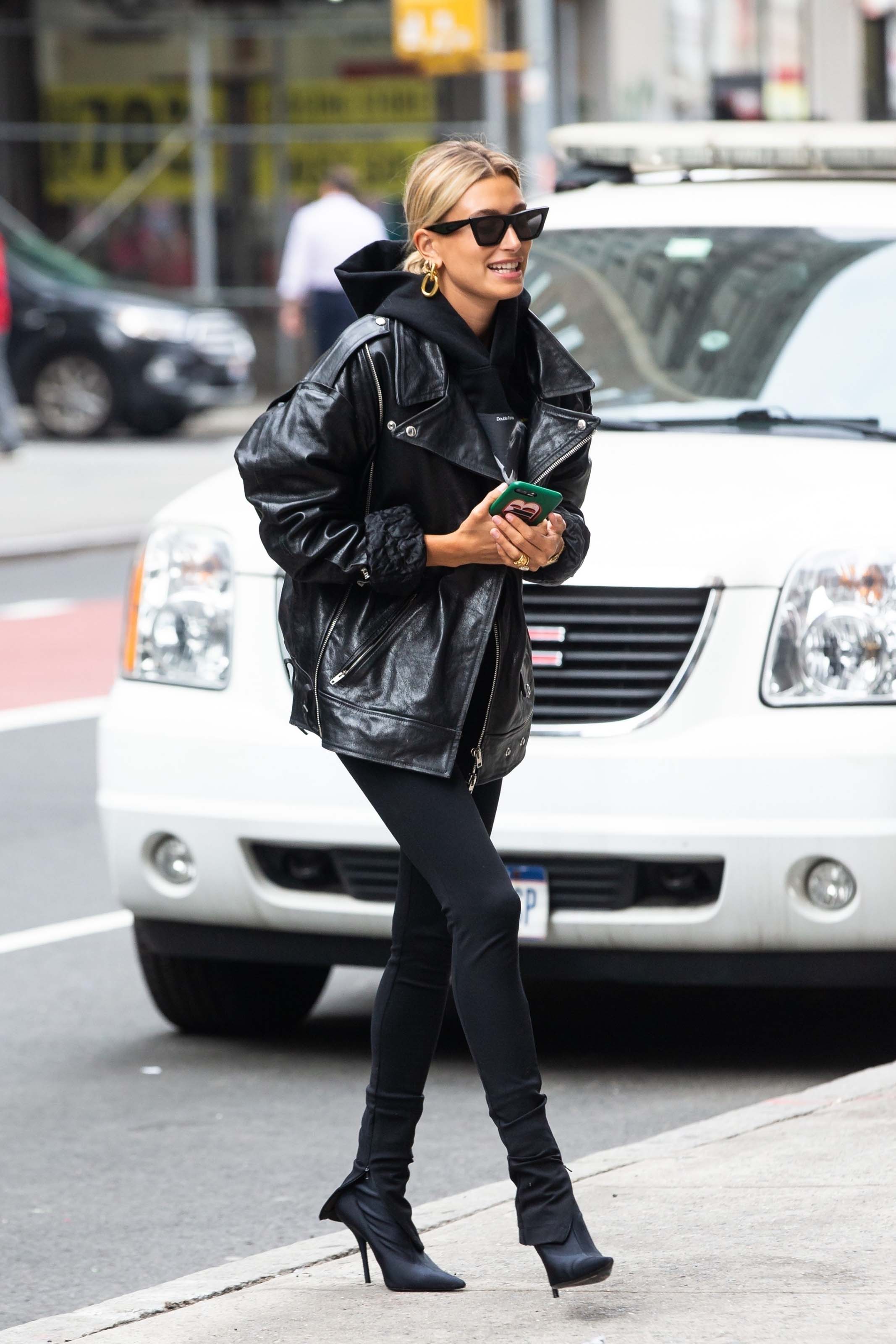 Hailey Baldwin arriving at an office building