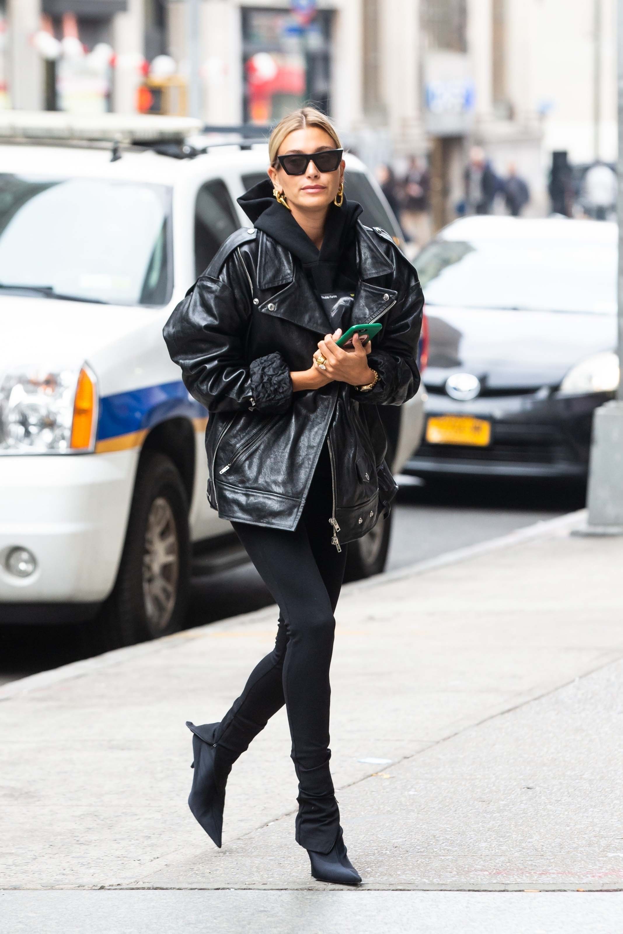 Hailey Baldwin arriving at an office building