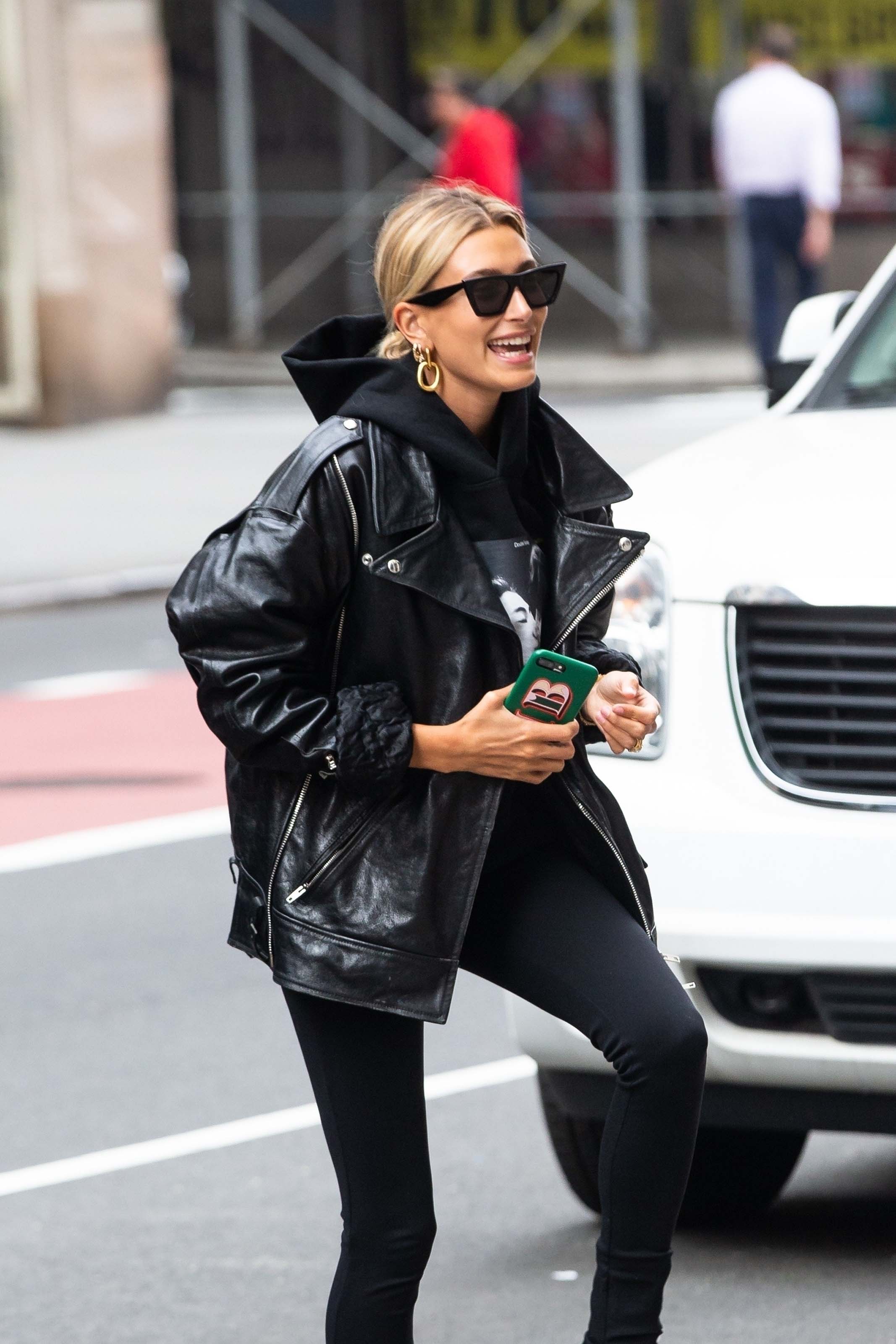 Hailey Baldwin arriving at an office building