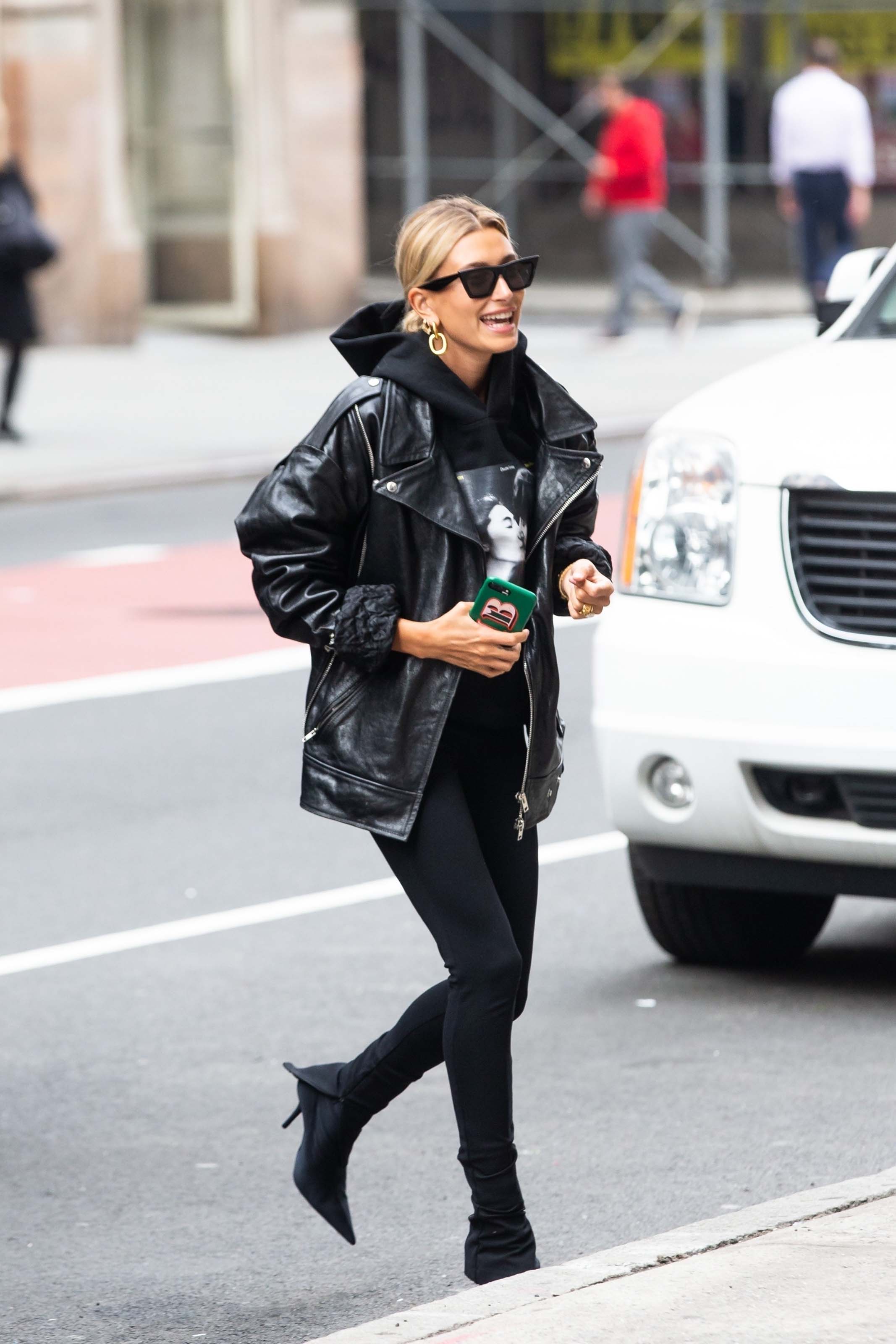 Hailey Baldwin arriving at an office building