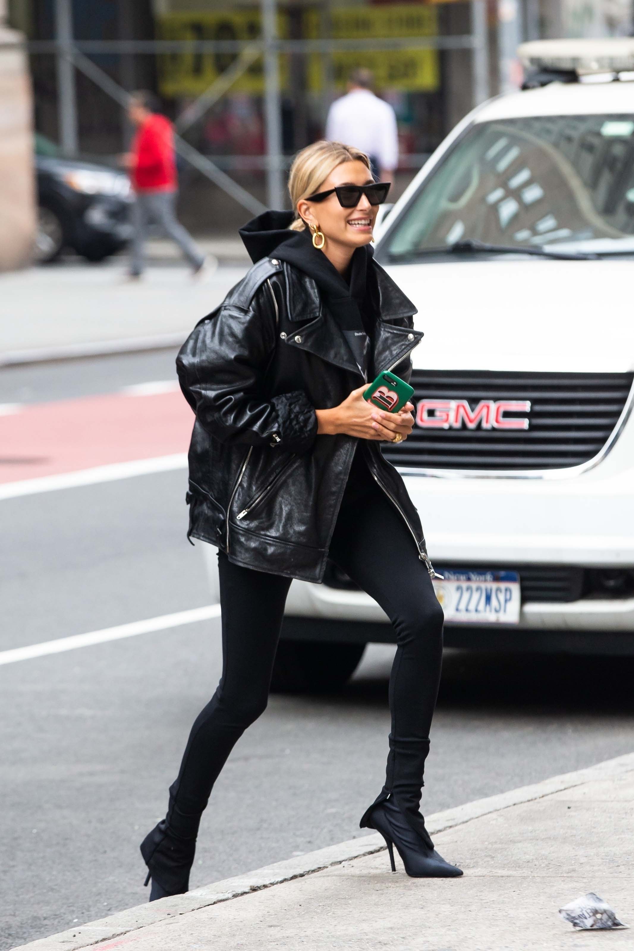 Hailey Baldwin arriving at an office building