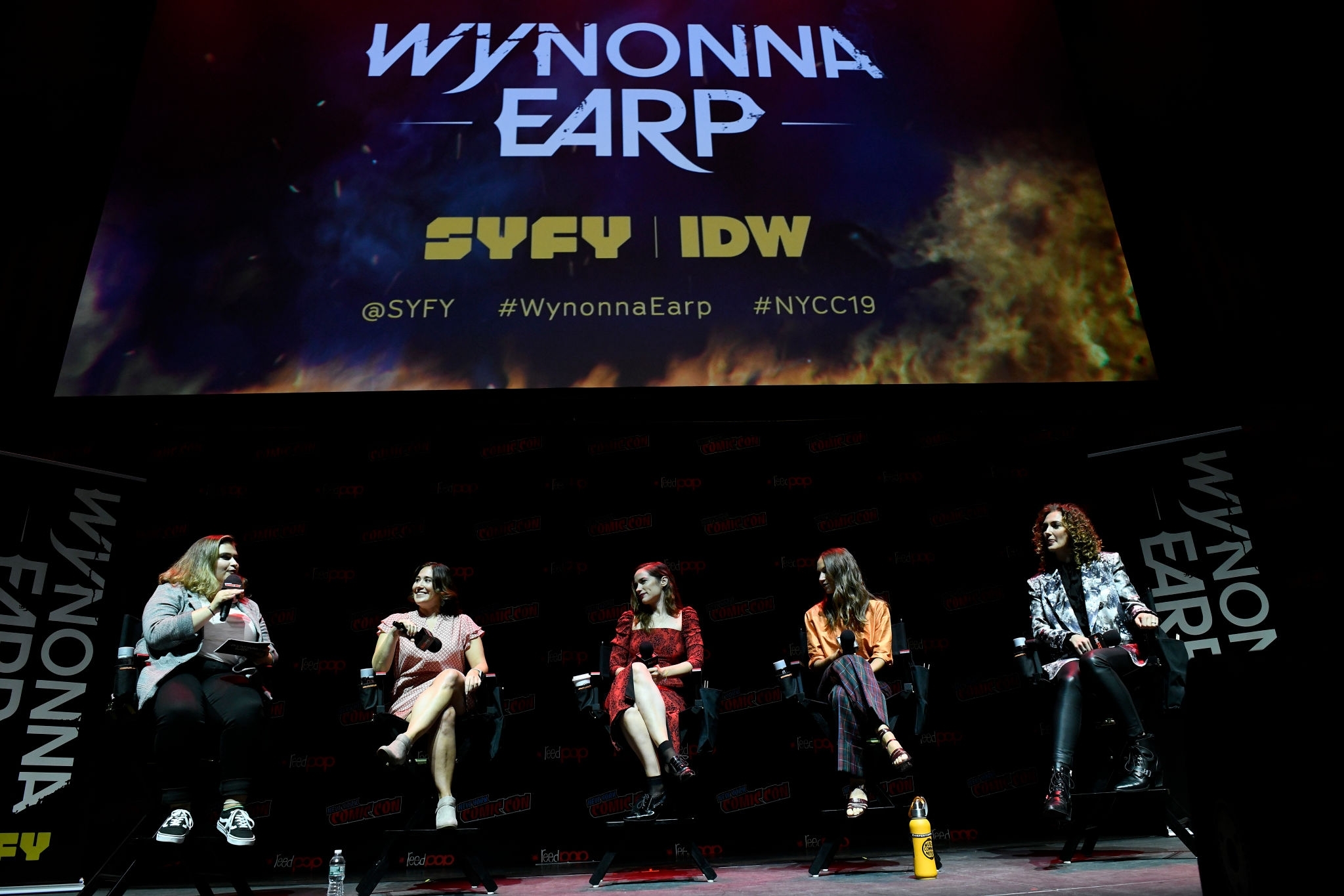 Katherine Barrell speaks on stage at SYFY & IDW Entertainment’s “Wynonna Earp”