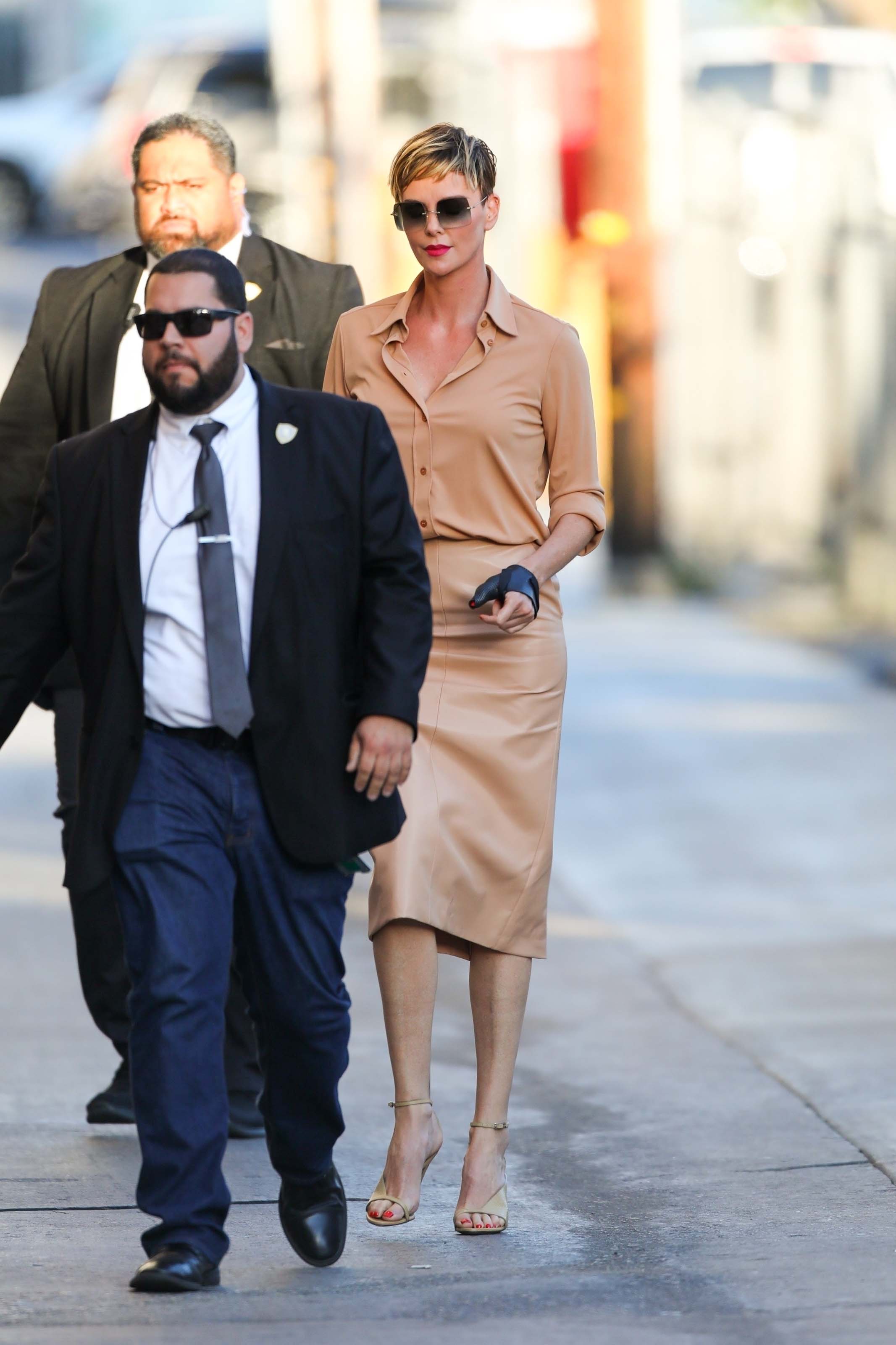 Charlize Theron makes a stylish arrival at Jimmy Kimmel Live