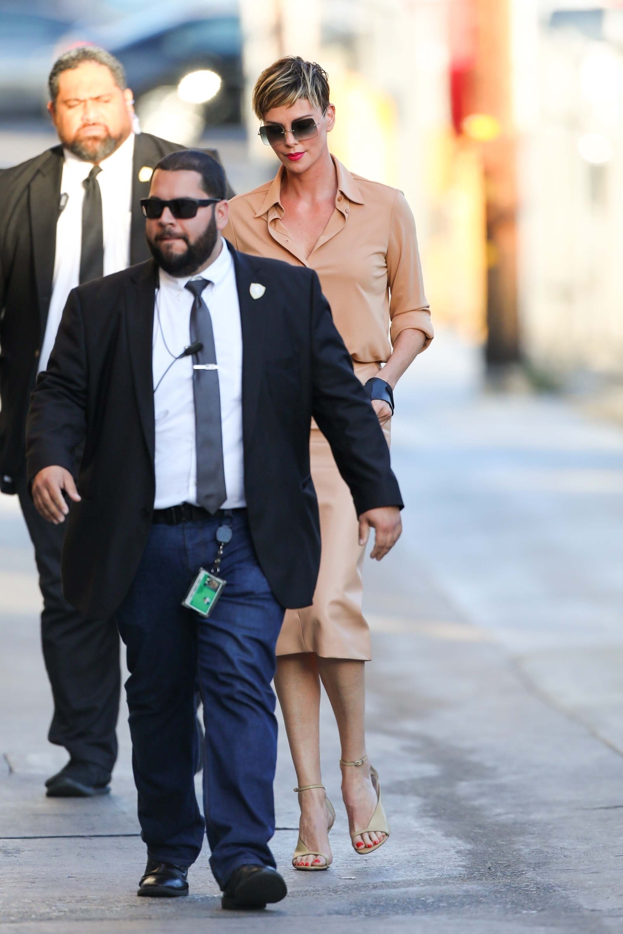 Charlize Theron makes a stylish arrival at Jimmy Kimmel Live