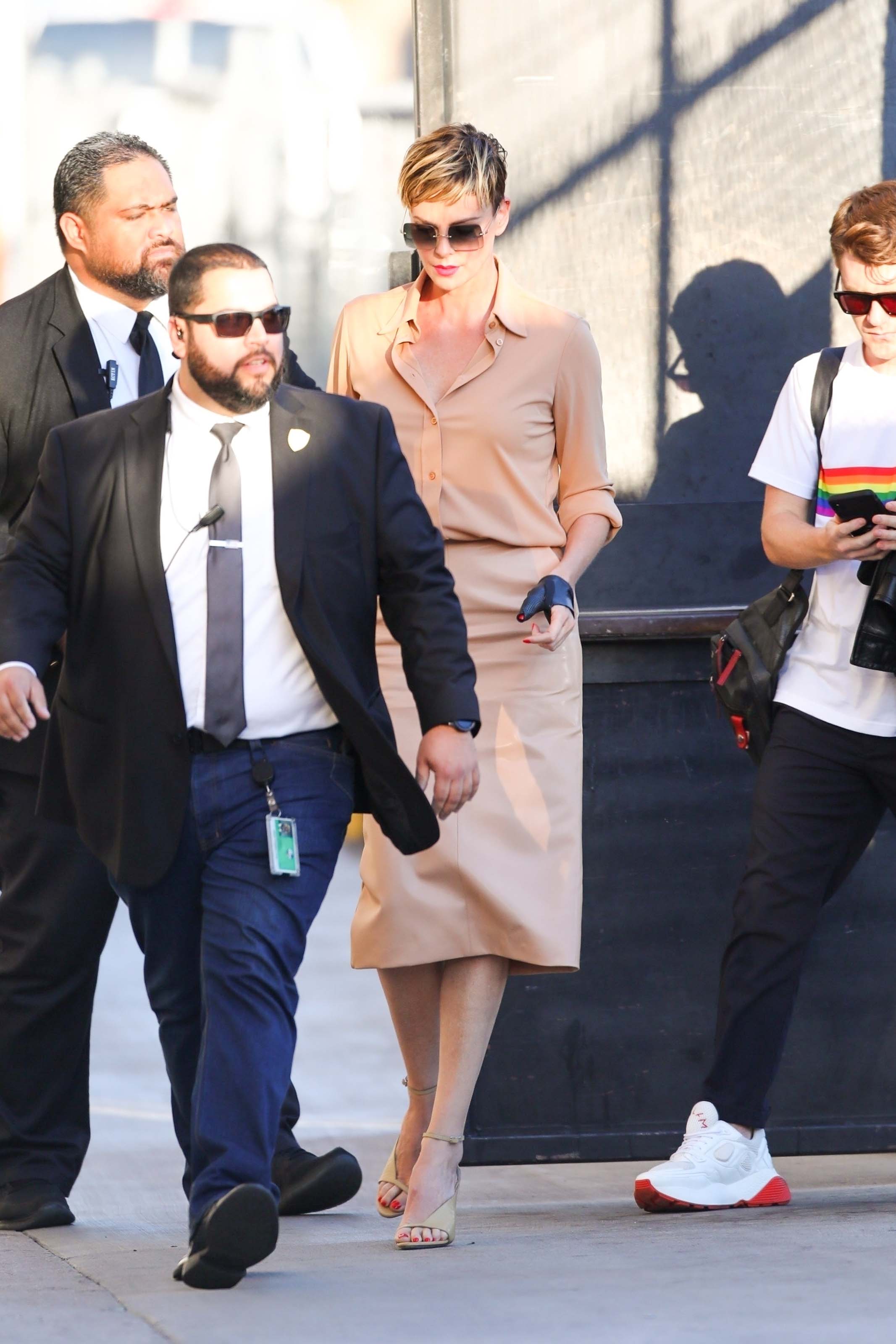Charlize Theron makes a stylish arrival at Jimmy Kimmel Live