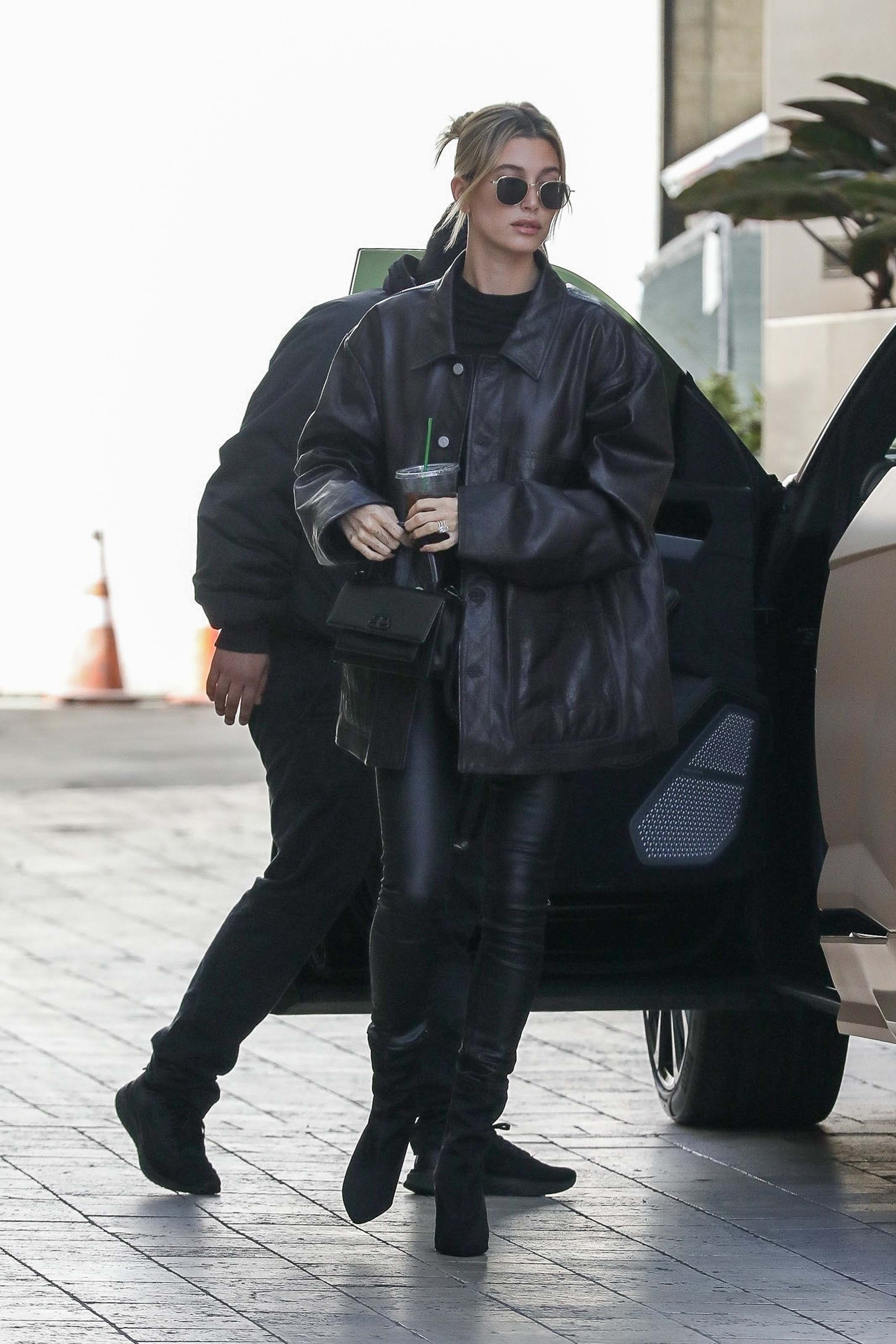 Hailey Bieber looks chic in all black ahead of a lunch meeting