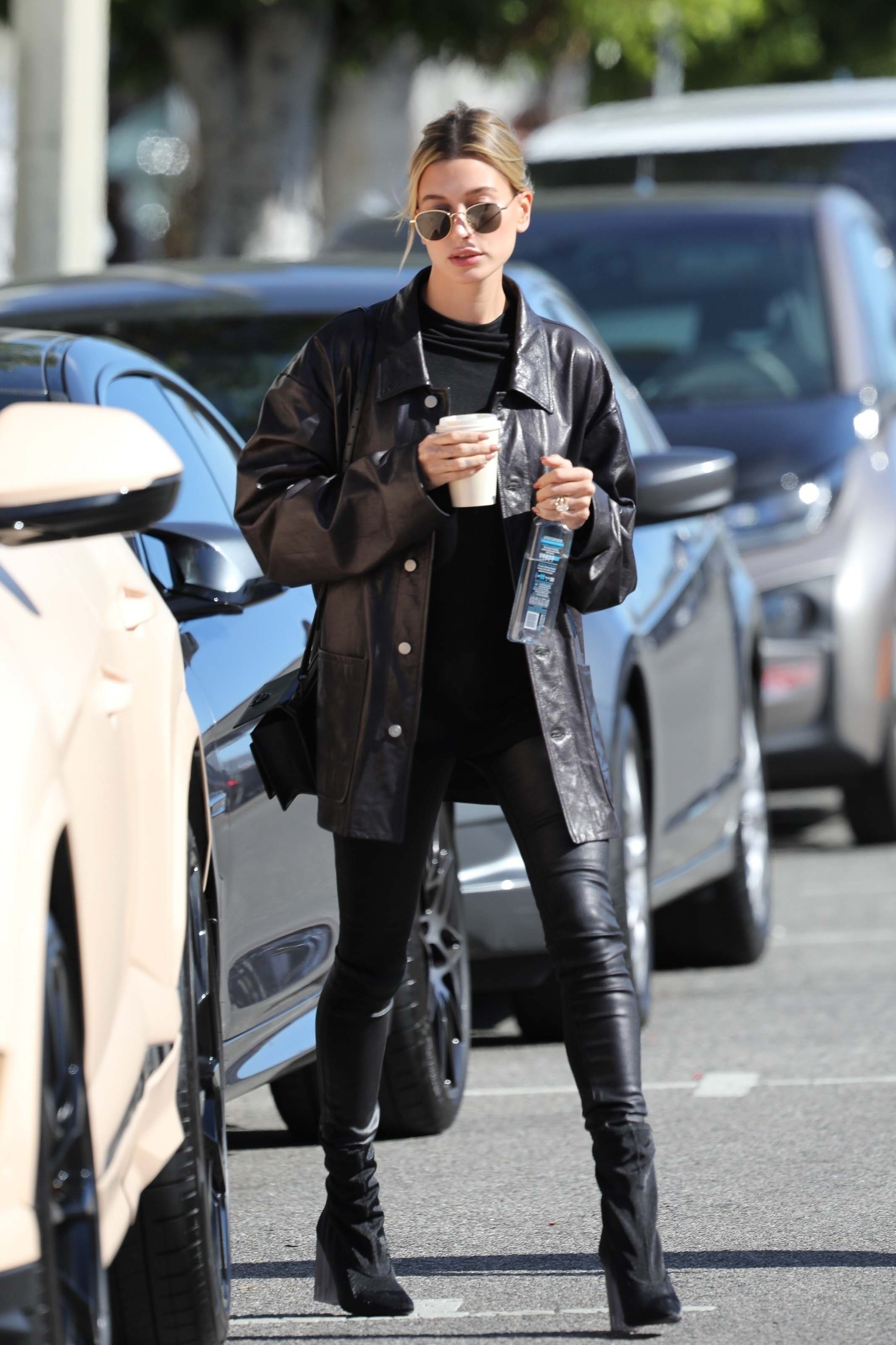 Hailey Bieber looks chic in all black ahead of a lunch meeting