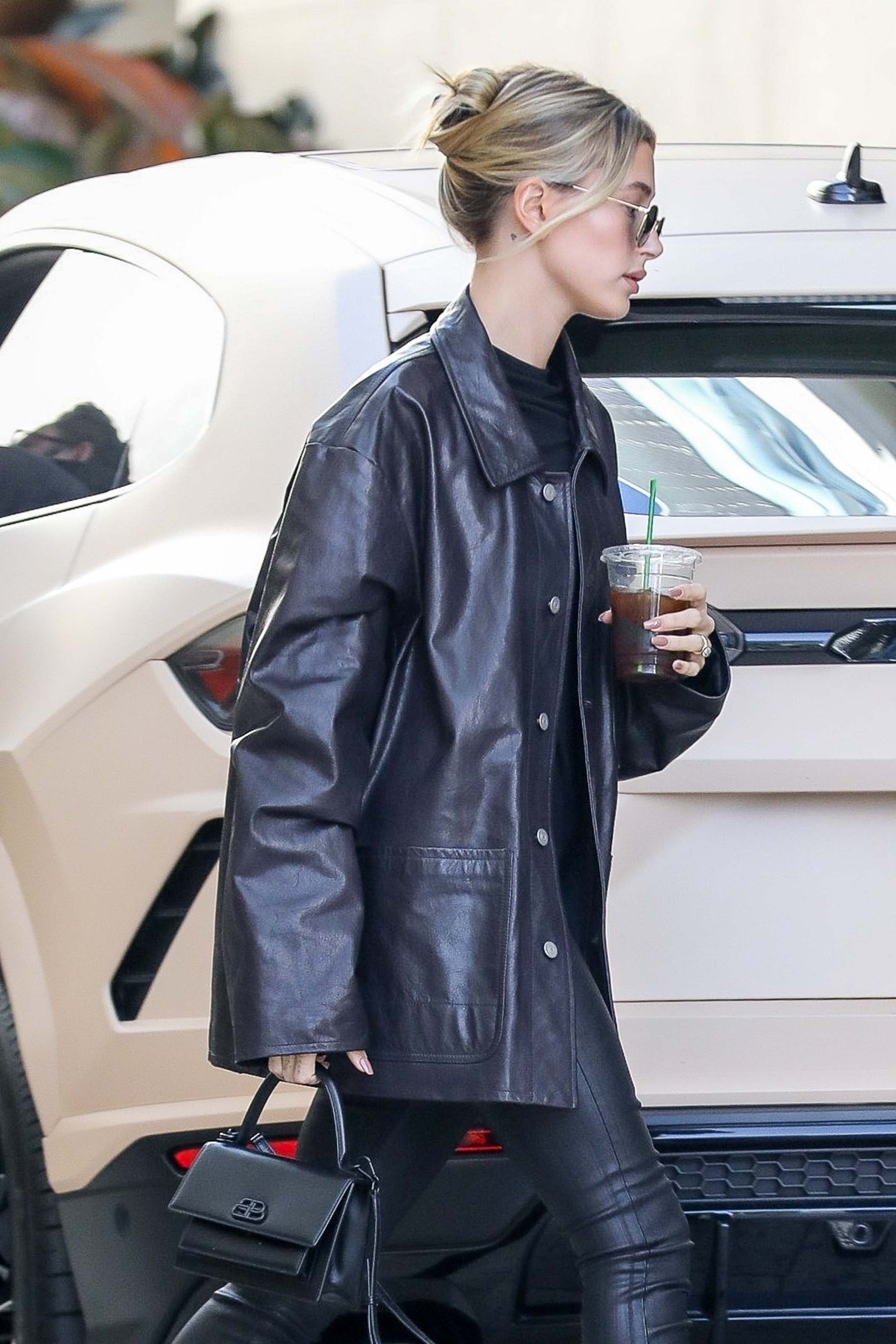 Hailey Bieber looks chic in all black ahead of a lunch meeting