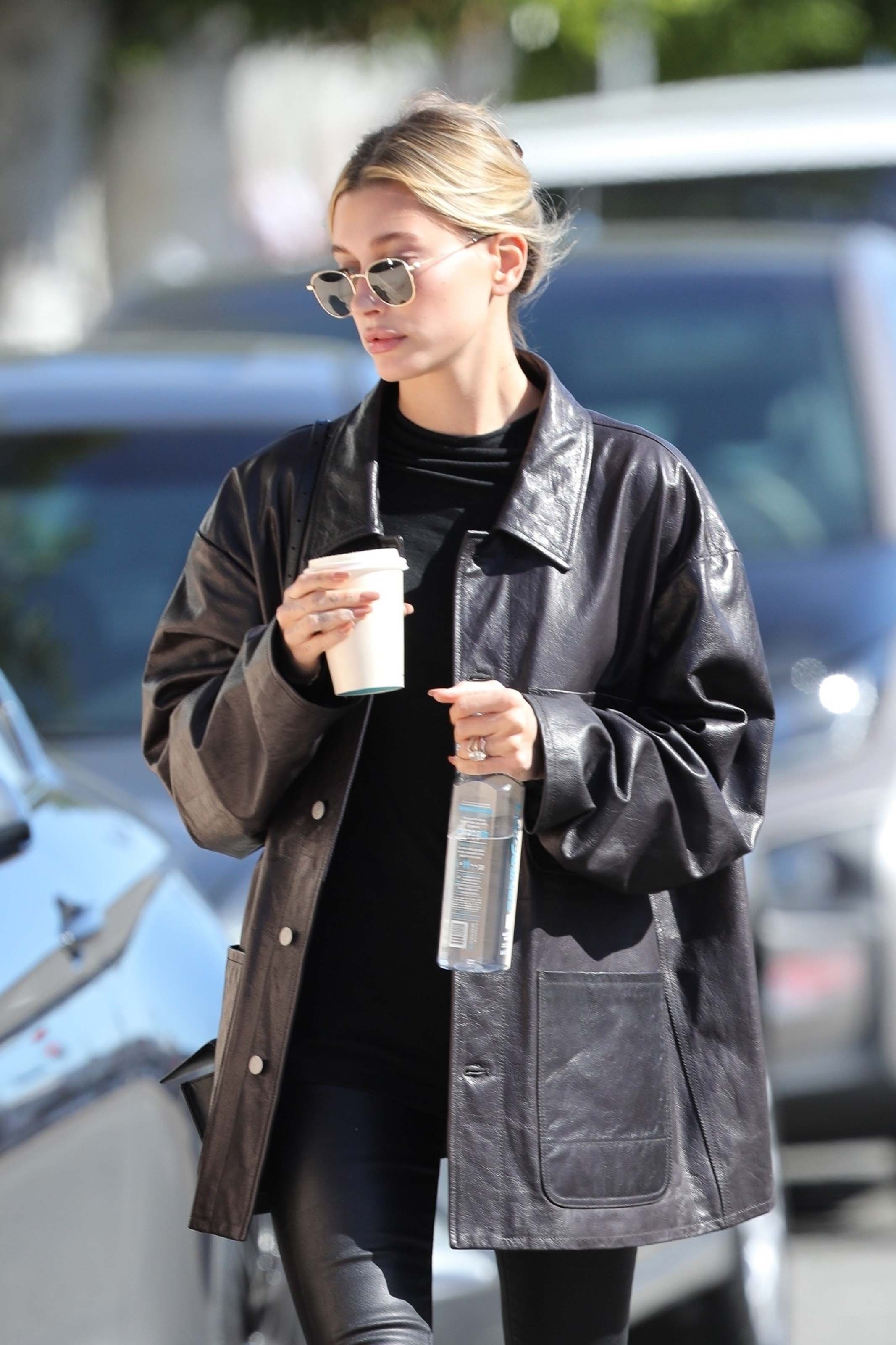 Hailey Bieber looks chic in all black ahead of a lunch meeting