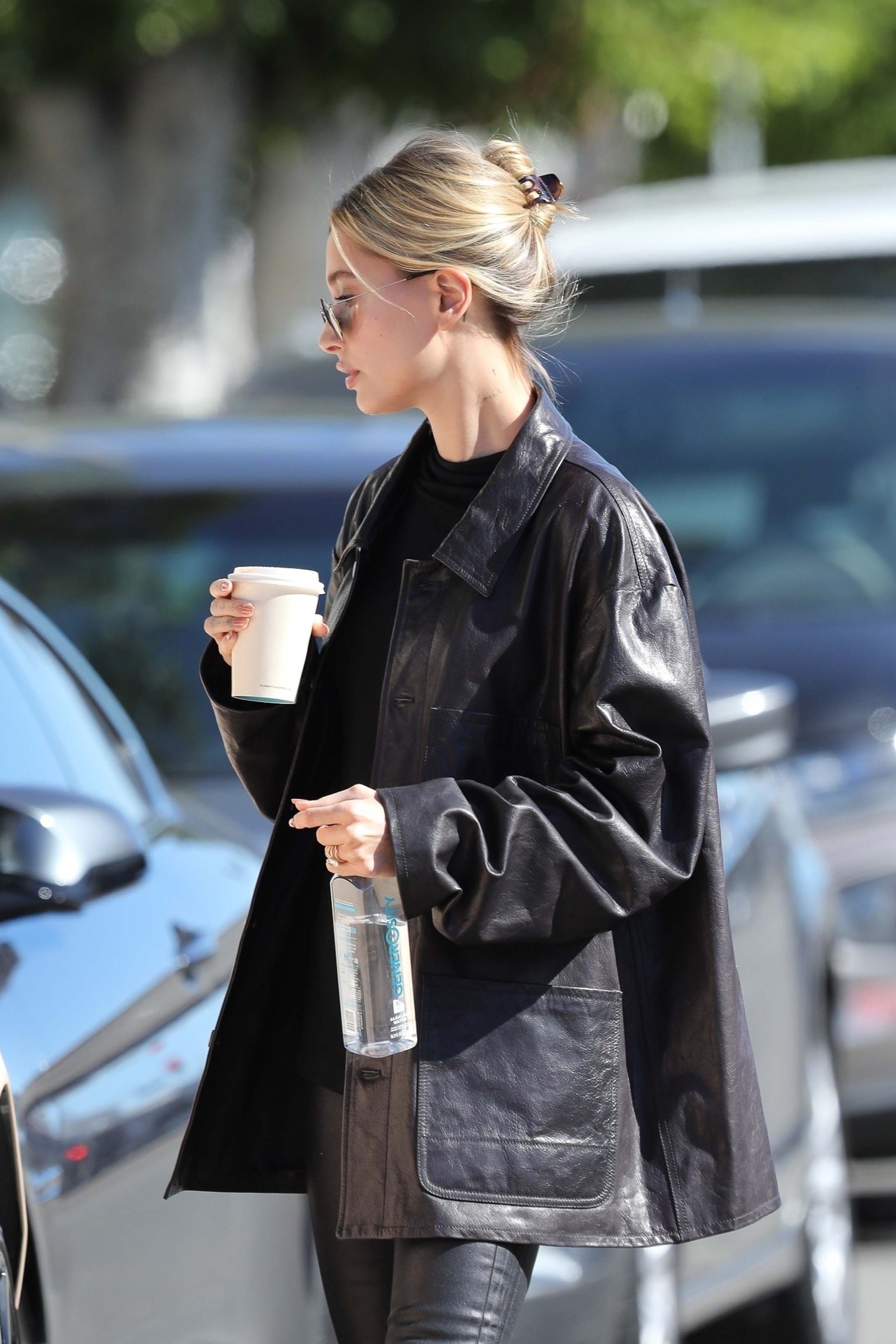 Hailey Bieber looks chic in all black ahead of a lunch meeting