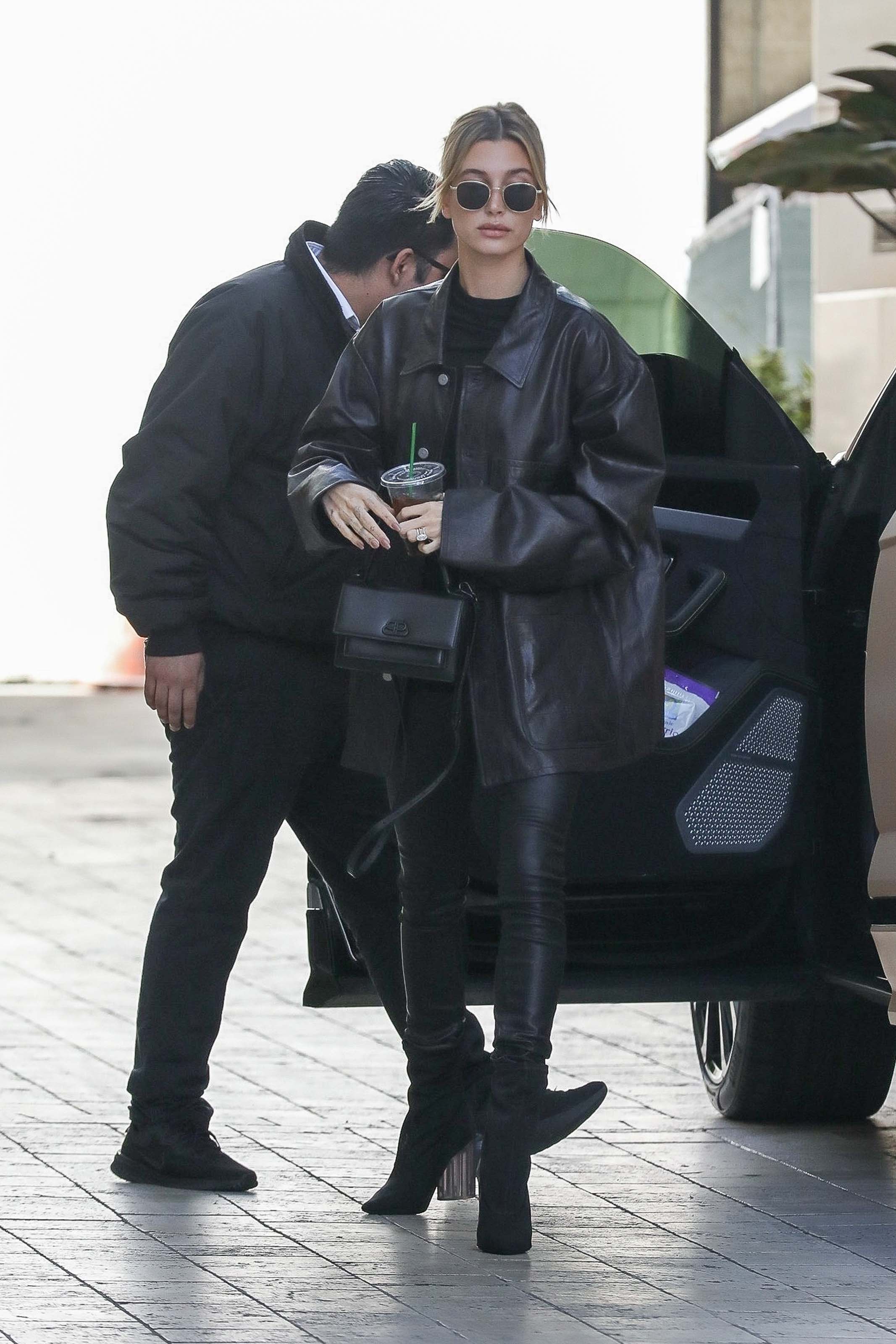 Hailey Bieber looks chic in all black ahead of a lunch meeting