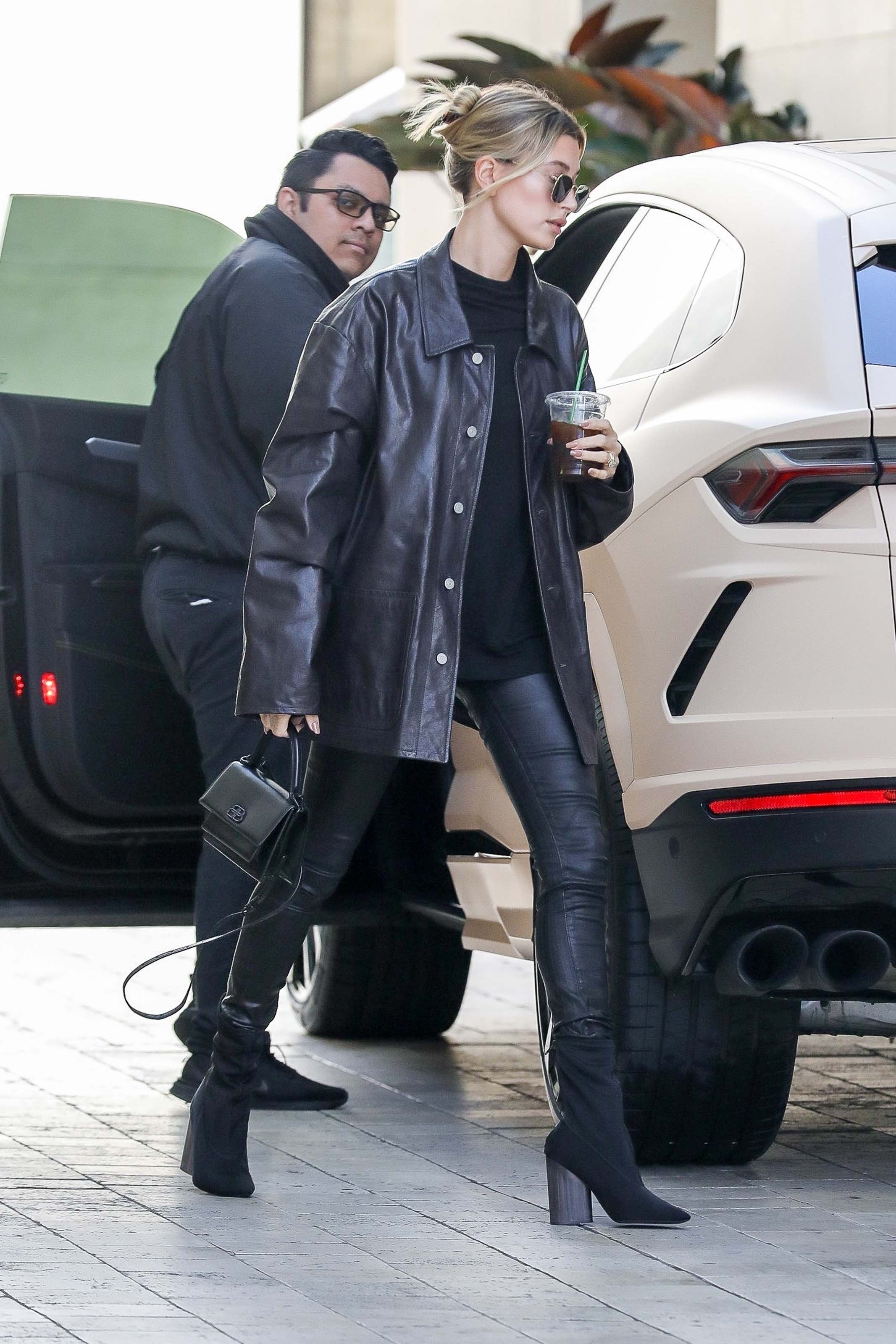 Hailey Bieber looks chic in all black ahead of a lunch meeting