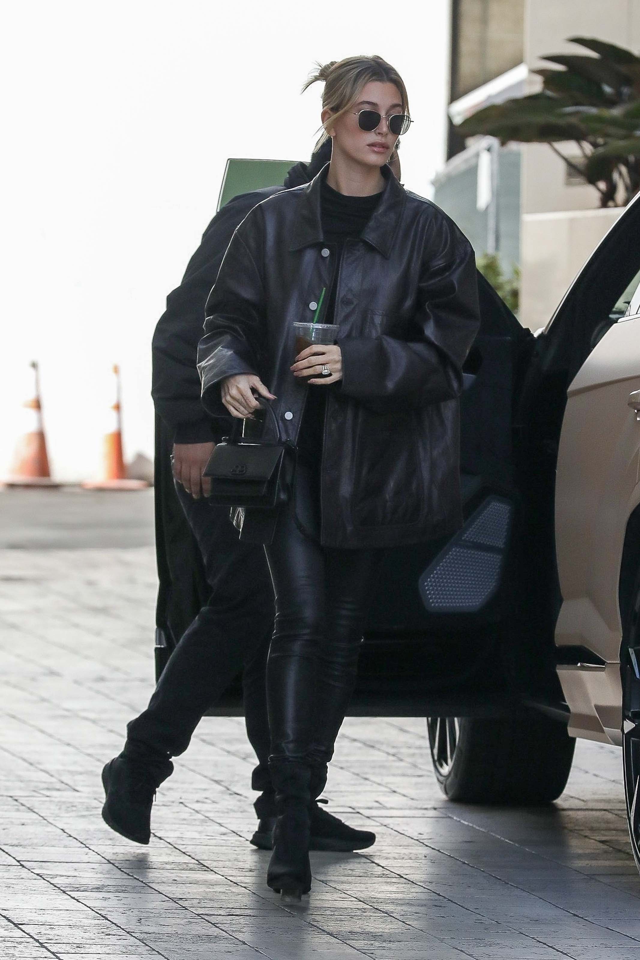 Hailey Bieber looks chic in all black ahead of a lunch meeting