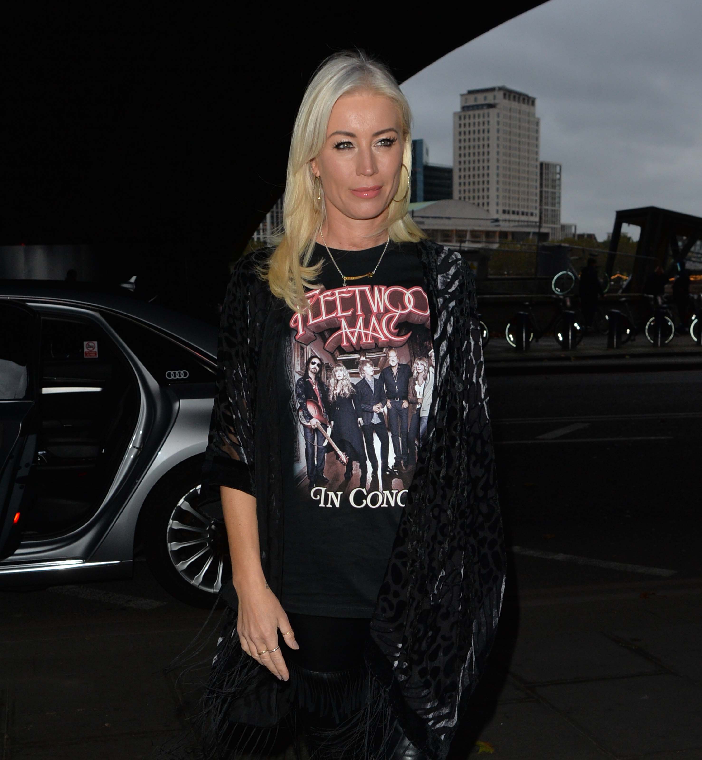 Denise Van Outen attends Proud Embankment to do preparations for a Halloween special