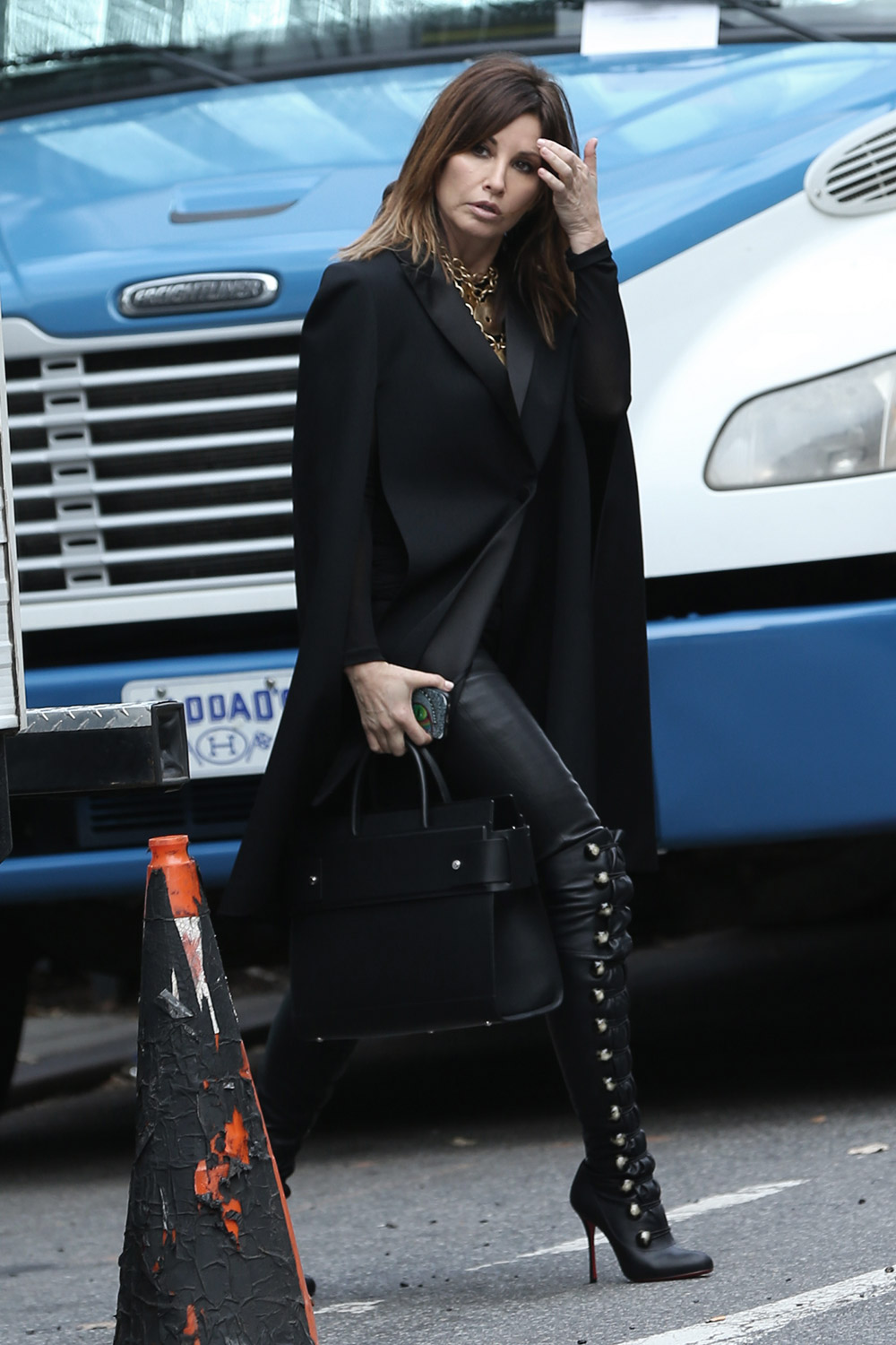 Gina Gershon arrives on set for E!‘s new pilot ‘Fashion Victim’