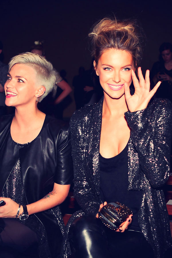 Jennifer Hawkins with Ruby Rose sit in the front row prior