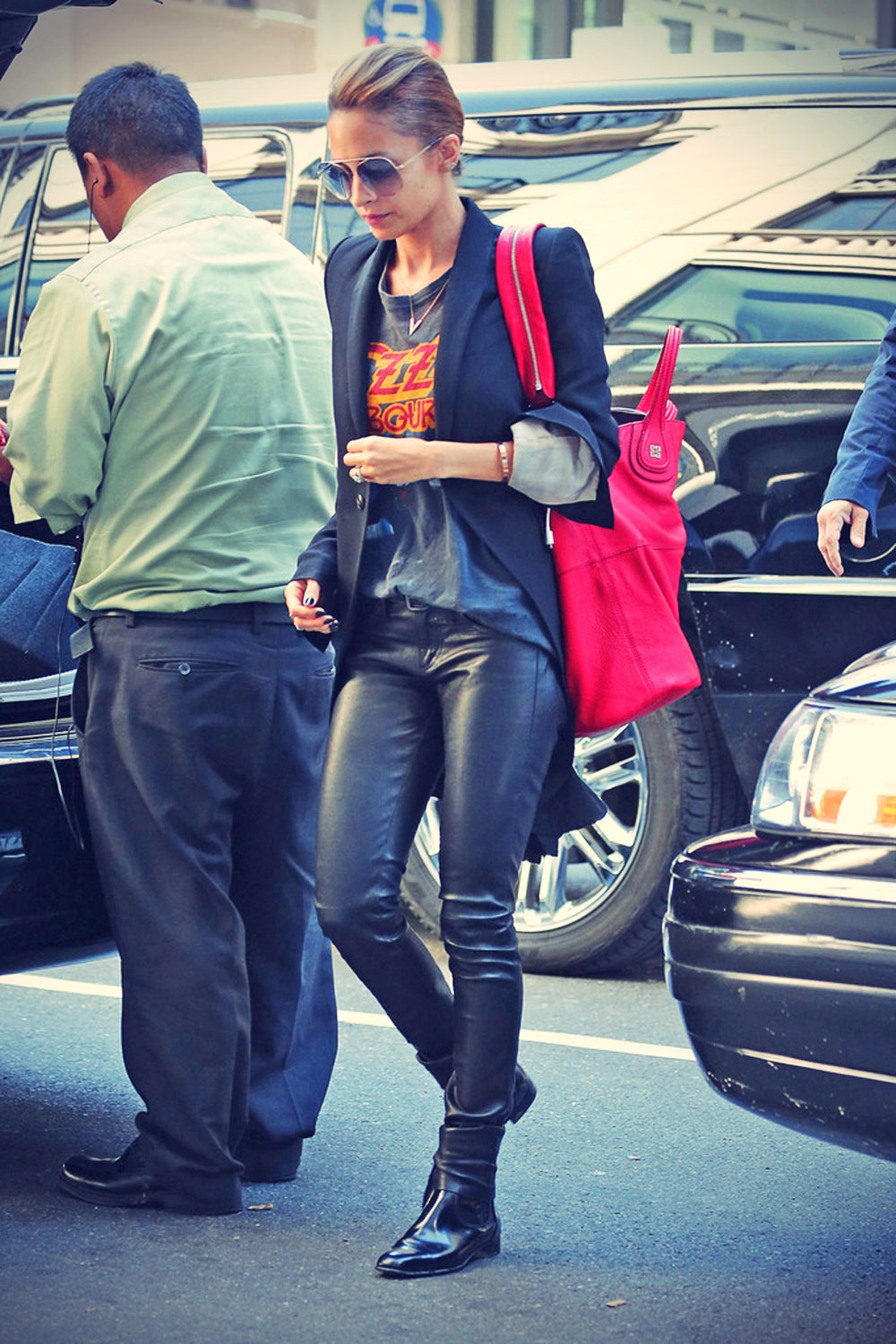 Nicole Richie seen wearing leather pants while leaving her hotel