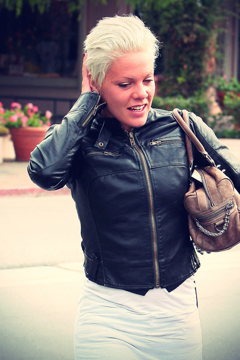 Pink with leather jacket